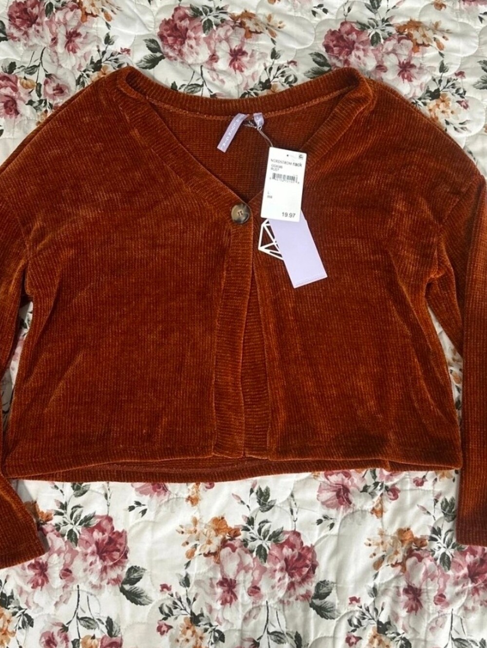 V-Neck Corded Knit Cardigan in Rust